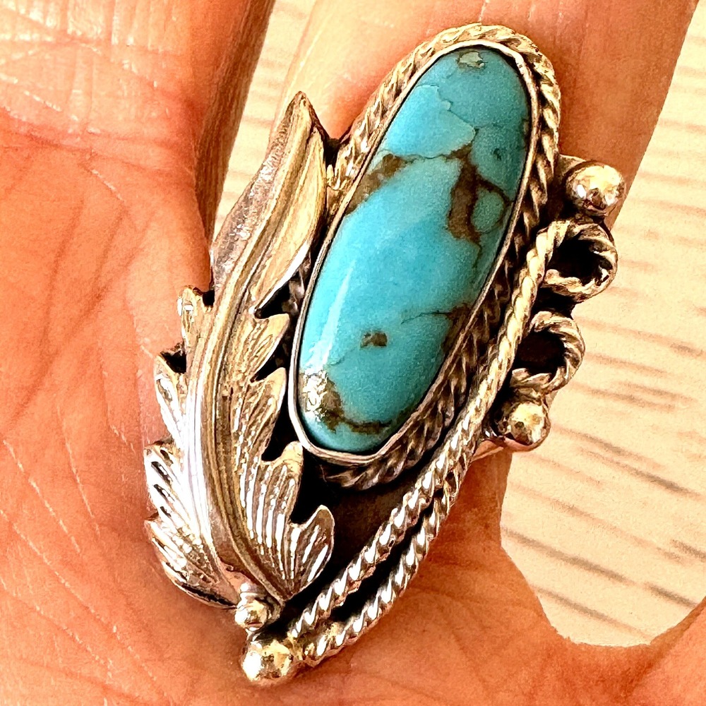 Navajo Turquoise Ring Sz 6 Signed Vandever Long Leaf Native American Sterling